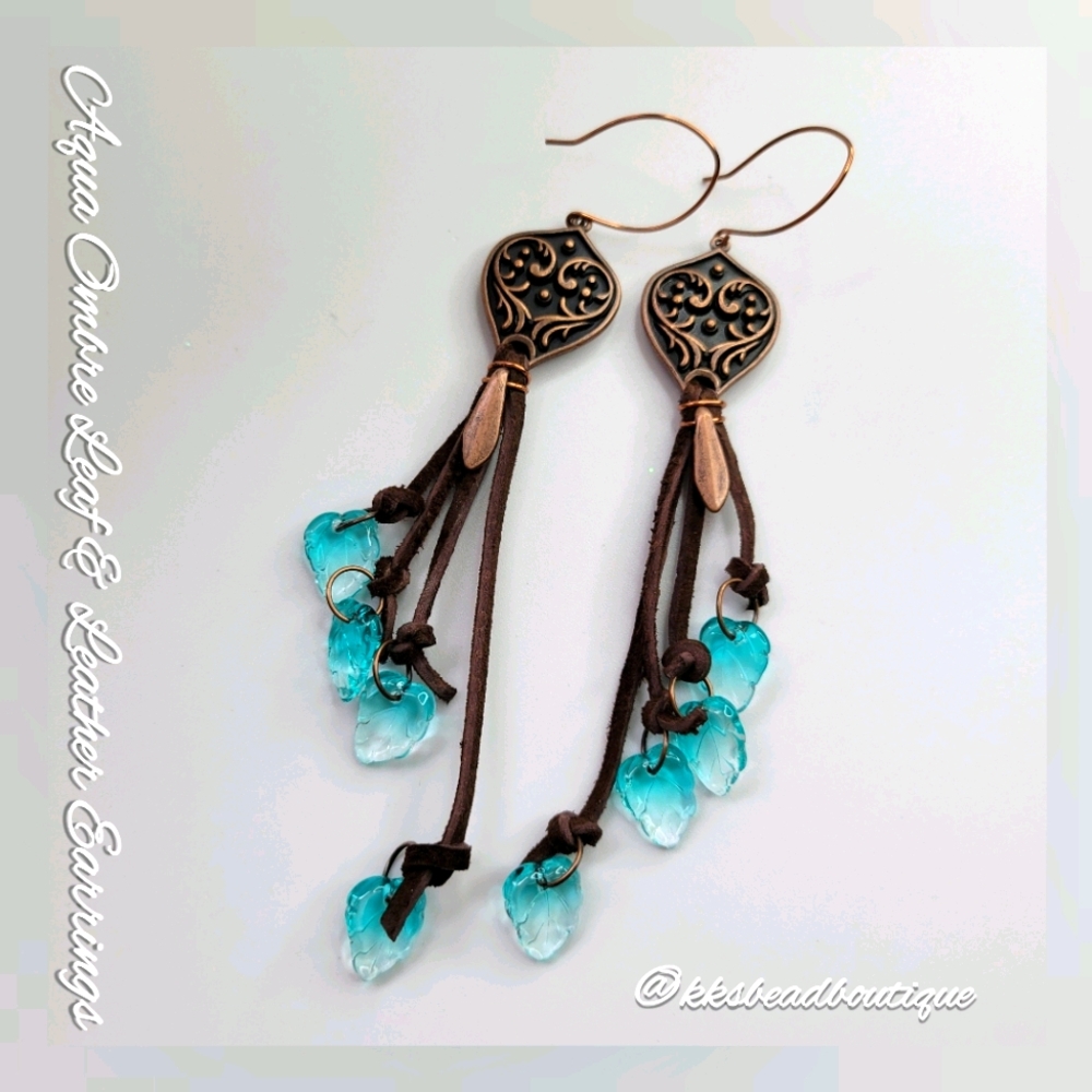 Aqua Ombre Leaf & Leather Earrings